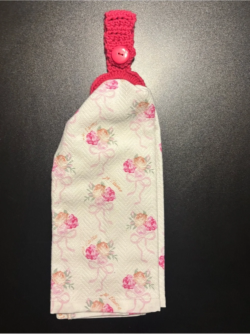 Crocheted Loop Hanging Kitchen Towel - White with Pink Floral